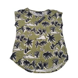 Tahari Cap Sleeve Linen Basic Top Womens M Green Black Round Neck Tropical Comfy